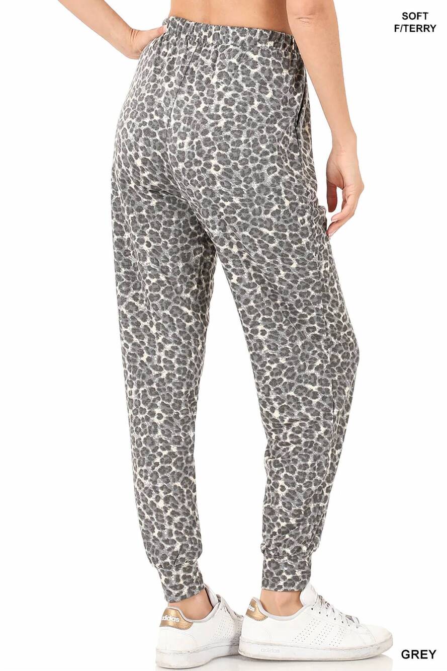 NEW ZENANA french terry leopard print joggers in grey - Picture 2 of 3
